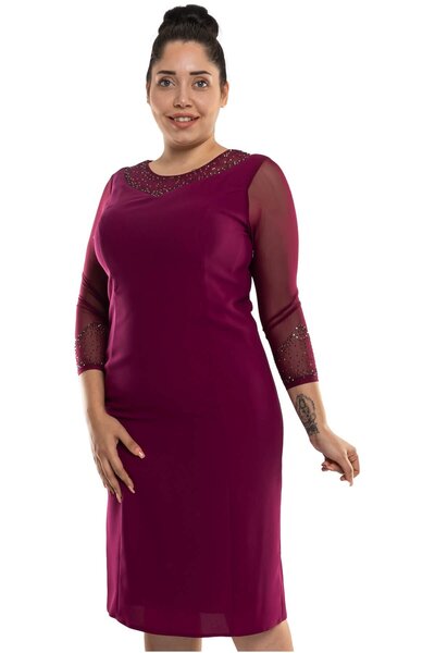 LİLAS XXL 9159 BB Yakası-Kolları Taş İşleme Kısa Elbise