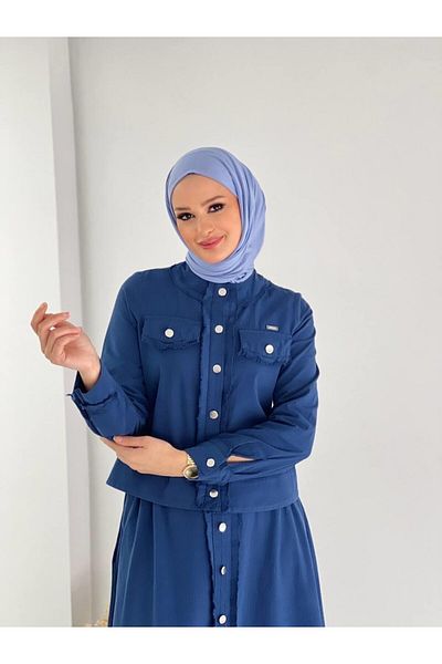 Cardella Σετ λινό Hijab και τζάκετ Camelya Navy Blue ριγέ - Σετ 2