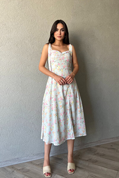 Seda Yalçın Atelier Yeşil Çiçek Desenli Omuzdan Bağlamalı Elbise
