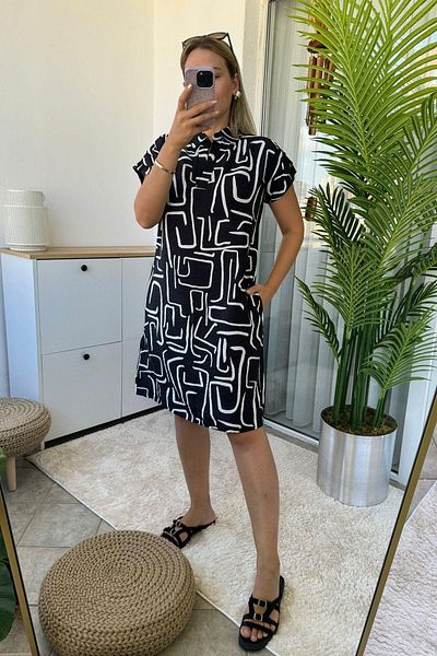 Kubos Moda Black Labyrinth Patterned Polo Collar Shoulder Draped Dress