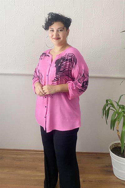 Zer Otantik Printed Stone Detail Large Size Shirt Blouse Fuchsia-Pink