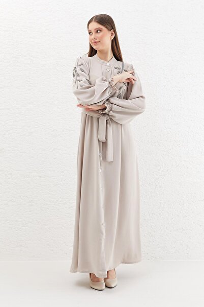 MODAJİN DADALİ Boncuk İşlemeli Düğmeli Ferace Bej