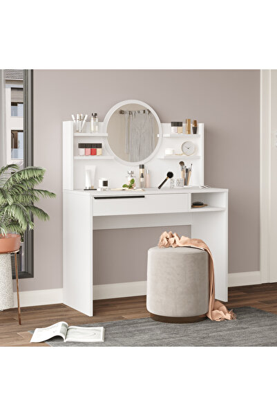 Yurudesign Ocean Makyaj Masası Aynalı Raflı Çekmeceli Beyaz On28-w