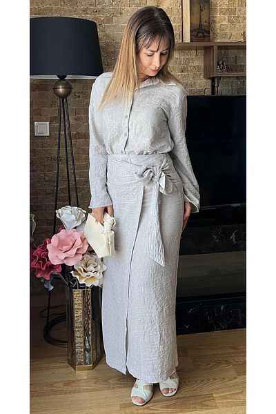 Cardella Linen Hijab Double Set - Skirt and Shirt with Tie Detail