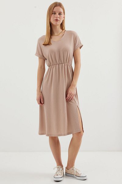 Bigdart 2378 Rochie tricotată cu decolteu în V - Biscuit
