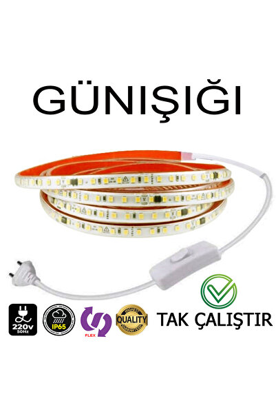 ELEKTROLED 220V Şerit LED YÜKSEK IŞIK FİŞLİ VE ANAHTARLI GÜNIŞIĞI 5 METRE((AD...