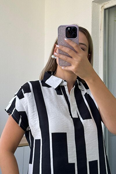 Kubos Moda Polo Yaka Omuz Drapeli Piyano Desen Siyah Elbise