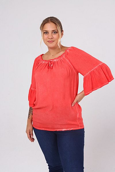Zer Otantik Πλυμένη μπλούζα με μανίκια με βολάν Plus Size Coral