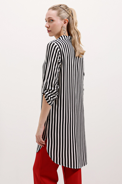 Bigdart 5613 Yaka Bağcıklı Çizgili Tunik - Siyah