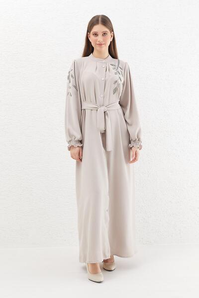 MODAJİN DADALİ Boncuk İşlemeli Düğmeli Ferace Bej