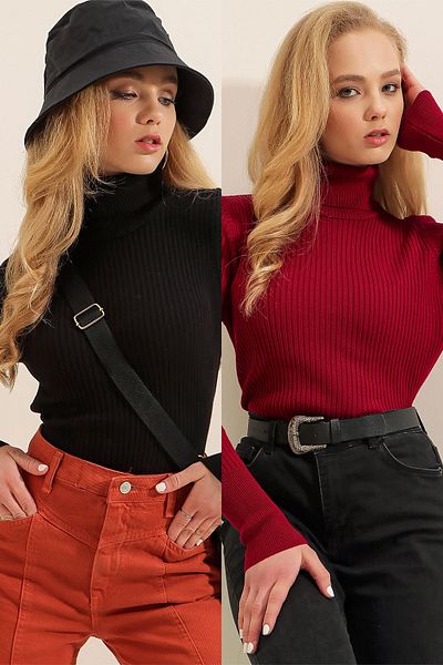 Bigdart 10311 Πλεκτό πουλόβερ με ζιβάγκο - Μαύρο - Claret Red