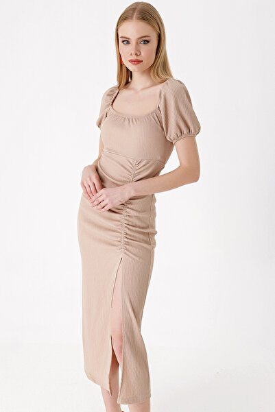 Bigdart 2396 Slit Summer Knitted Dress - Biscuit