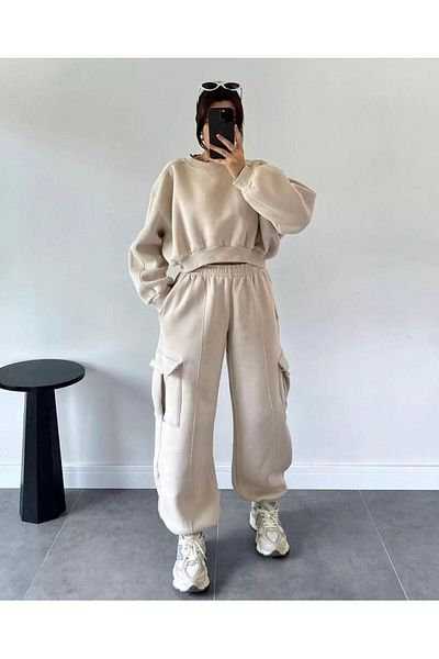 MANCY Women's Crop Sweatshirt Cargo Pocket Sweatpants 3 Thread Double Set