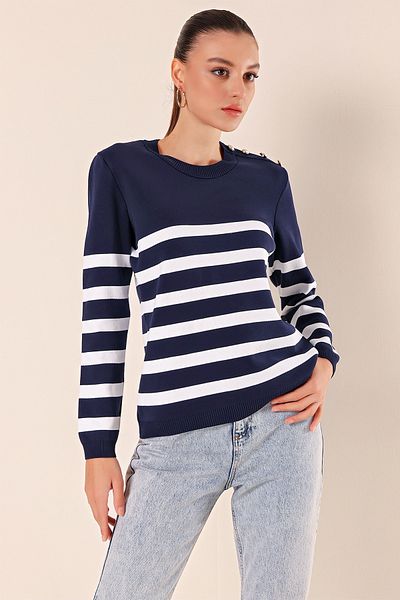 Bigdart 15820 Button Detailed Striped Sweater - Navy Blue