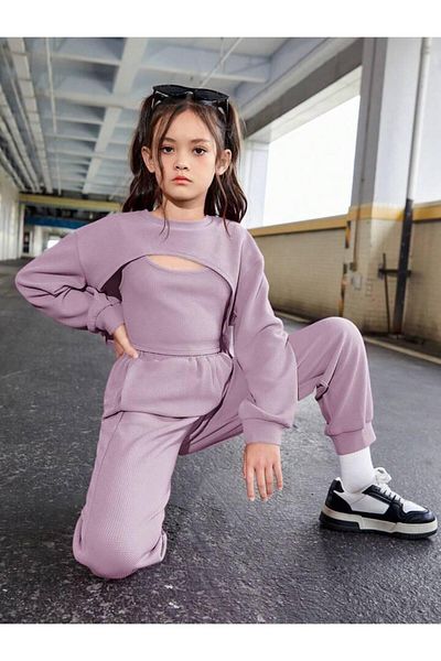 MANCY Girl's Oversize Strappy Crop Tracksuit 3 Piece Set