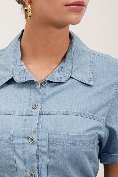 Bigdart 2433 Çift Cepli Mini Kot Elbise - Mavi