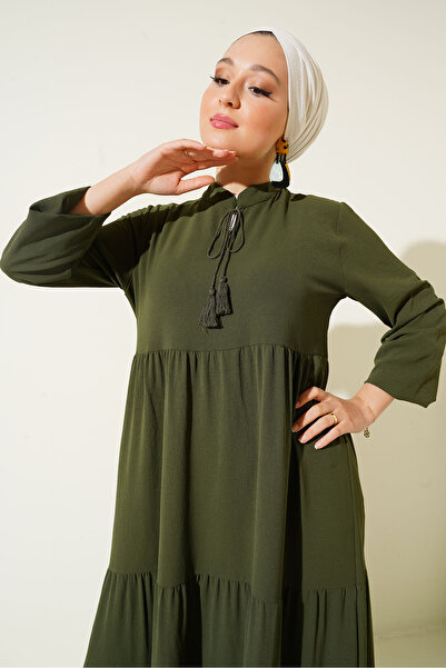 Bigdart 1627 Yaka Bağcıklı Tesettür Elbise - Haki