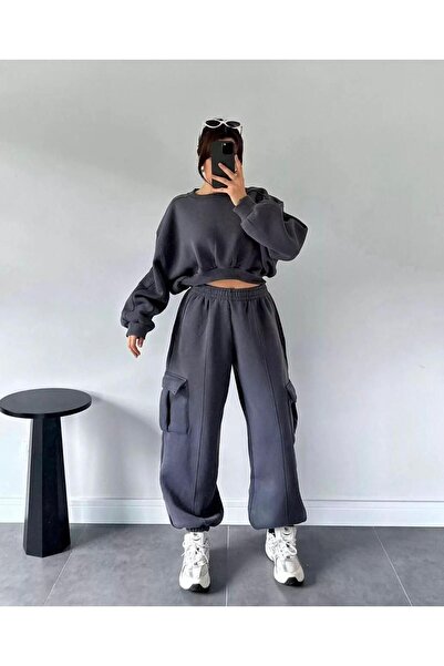 Keywest Women's Crop Sweatshirt Cargo Pocket Sweatpants 3 Thread Double Set