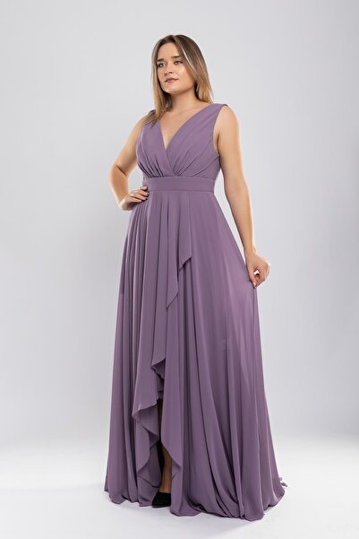 DORİDORCA 2023 Büyük Beden Kruvaze Yaka Astarlı Eteği Fırfır Detay Uzun Tül E...