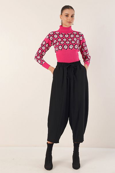 Bigdart 15801 Turtleneck Patterned Crop Sweater - Fuchsia