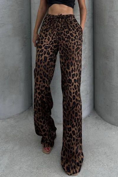 Ded COLLECTION Leopard Patterned Satin Women's Trousers - Elastic Waist and Wide Leg