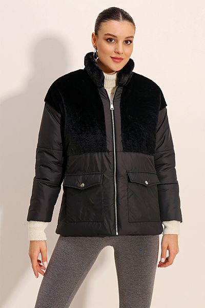 Bigdart 5179 Palton puf cu blană artificială - negru