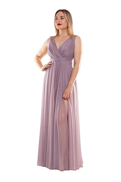 DORİDORCA 1182 Büyük Beden Kendinden Simli Önü Yırtmaçlı Tül Elbise