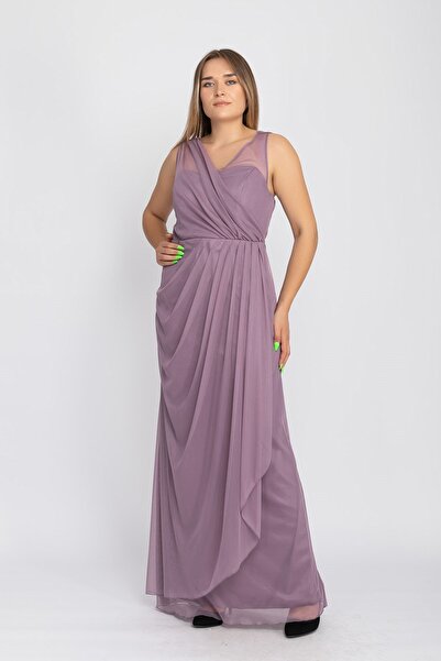 DORİDORCA 3094 Büyükbeden Eteği Drapeli Uzun Abiye Elbise