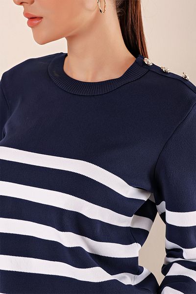 Bigdart 15820 Button Detailed Striped Sweater - Navy Blue