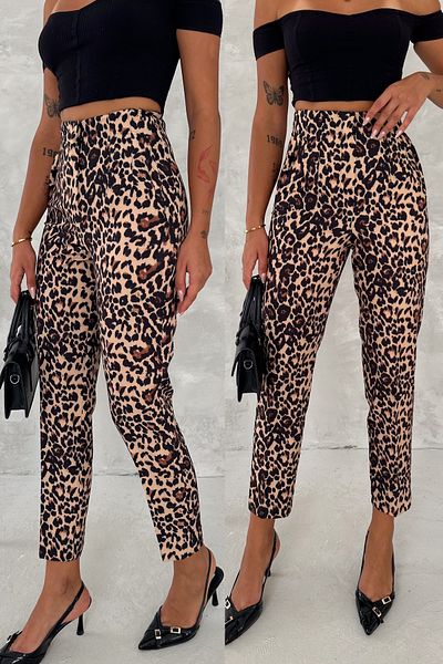 FEMELLE Pantaloni de damă cu talie înaltă cu imprimeu leopard din țesătură iarbă
