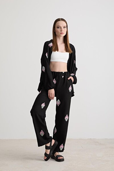 LEVURE Şal Desenli Keten Pantolon SİYAH