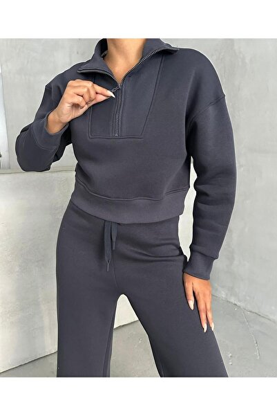 Keywest Women's Half Zip Crop Sweatshirt Sweatpants 3 Thread Double Set