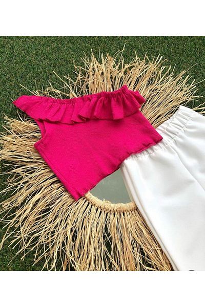 MANCY Girl's Spanish Leg Pants and Ruffled One Shoulder Crop Set