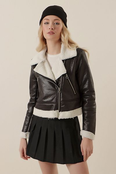Bigdart 5155 Model Black Leather Double Breasted Jacket with Faux Fur