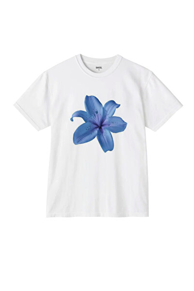 DAKSEL Lily Purple Flower Μπροστινό εμπριμέ γυναικείο μπλουζάκι με λαιμόκοψη βασικό λευκό