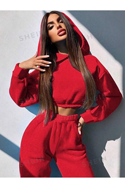 MANCY Women's Hooded Crop Sweatshirt Sweatpants 3 Thread Double Set
