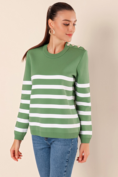 Bigdart 15820 Button Detailed Striped Sweater - Çağla