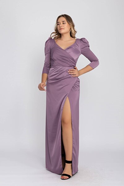 DORİDORCA 2126 Büyükbeden Karpuz Kol Yırtmaçlı Saten Uzun Elbise