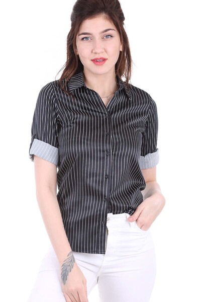 Bigdart 3205 Striped Satin Shirt - Black