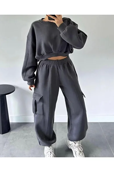 Keywest Women's Crop Sweatshirt Cargo Pocket Sweatpants 3 Thread Double Set