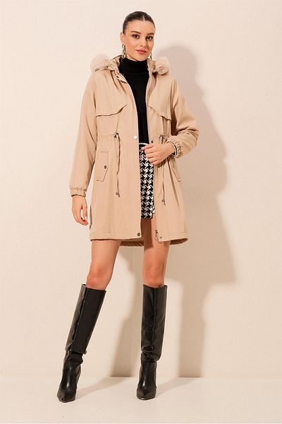 Bigdart 9129 Hooded Faux Fur Coat - Beige