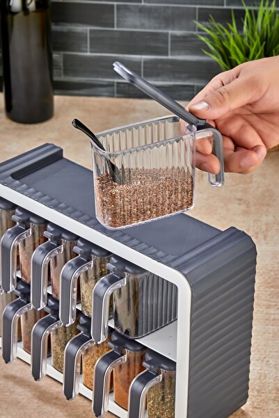 OES HOME 12-Piece Spice Rack Set with Stand and Self-Adhesive Lid and Spoon - (--Anthracite--)
