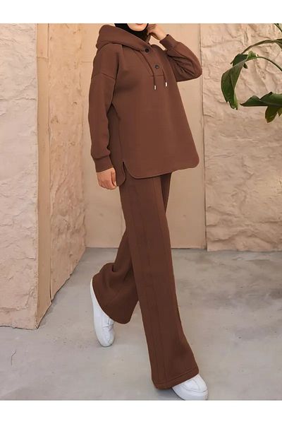 Keywest Women's Hooded Collar Buttoned 3 Thread Hijab Double Set