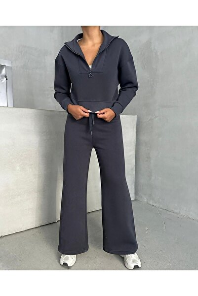 Keywest Women's Half Zip Crop Sweatshirt Sweatpants 3 Thread Double Set