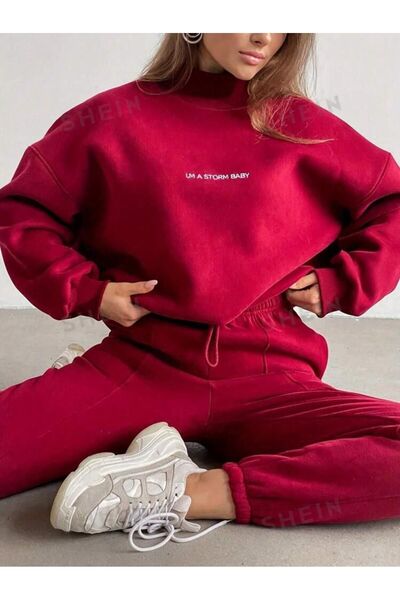 MANCY Women's Storm Baby Stand Collar Crop Sweatshirt Sweatpants 3 Thread Double Set