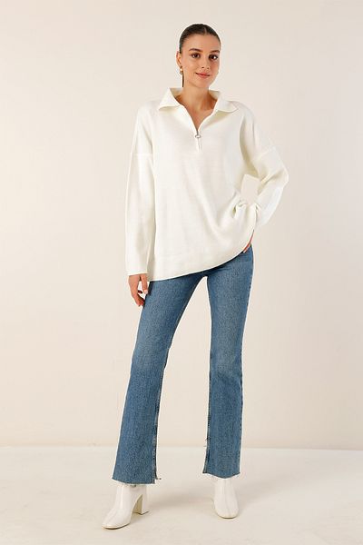 Bigdart 4512 Zippered Oversize Sweater - White