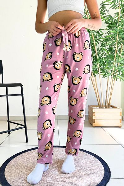 Farya Home Pantaloni de pijama din piele intoarsa cu model de ursuleti texturat din catifea moale