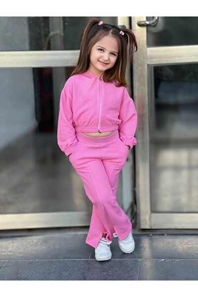 Keywest Girl's Label Detailed Oversize Zippered Cardigan Strap Crop Tracksuit 3 Piece Set