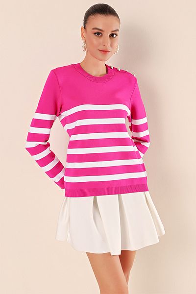 Bigdart 15820 Button Detailed Striped Sweater - Fuchsia