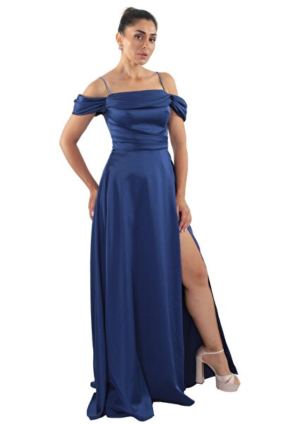 aşkın göksu Sax Düşük Kol İnce Taş Askılı Göğüs Drapeli Derin Yırtmaçlı Kadın Abiye